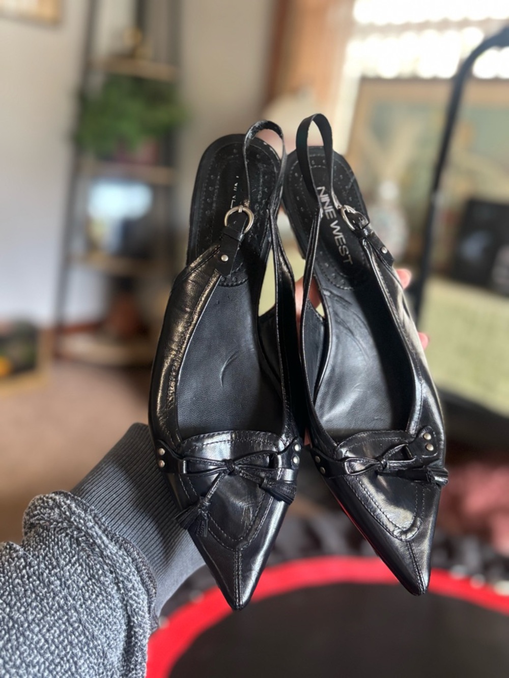 Nine West Black Pointed Slingback Flats with Knot Detail